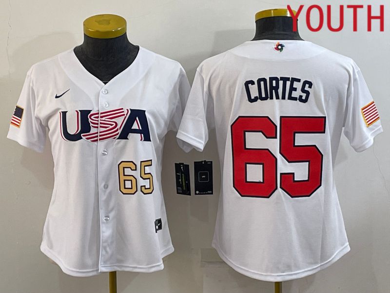 Youth 2023 World Cub USA 65 Cortes White MLB Jersey3